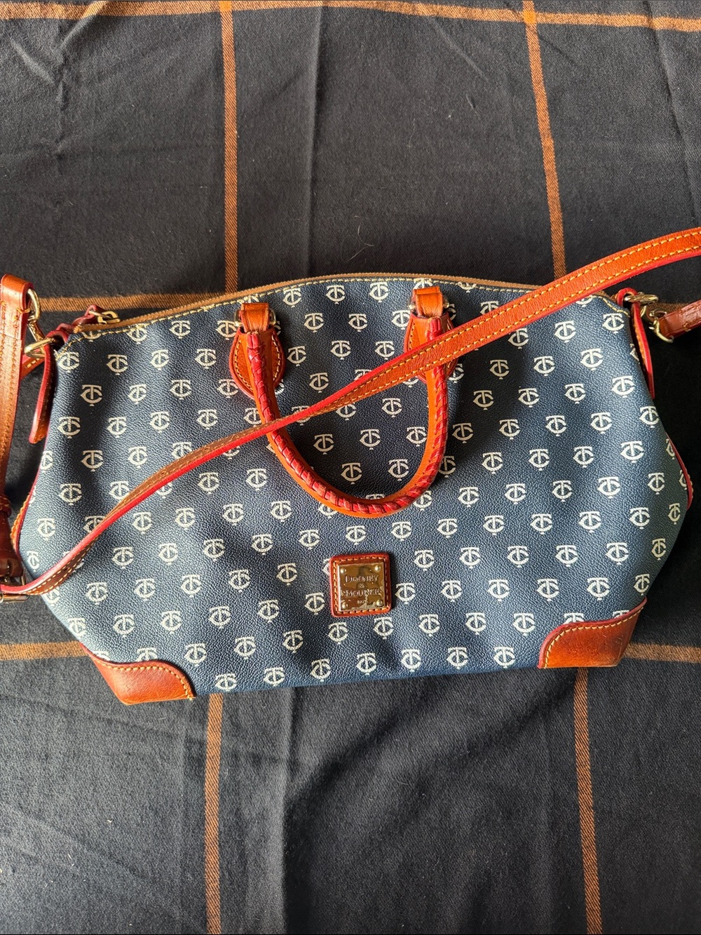 Dooney & Bourke Navy Logo Satchel with Brown Trim